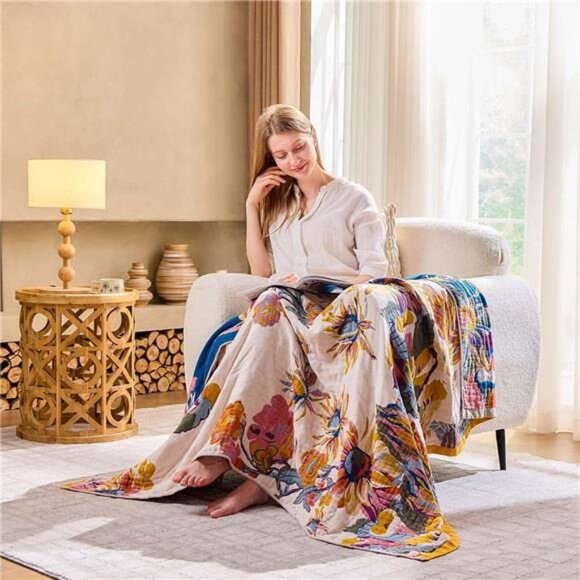 Boho Throw Blanket 100 Percent Cotton Ultra Soft Bed Quilt Farmhouse Decor Yello - Picture 3 of 7